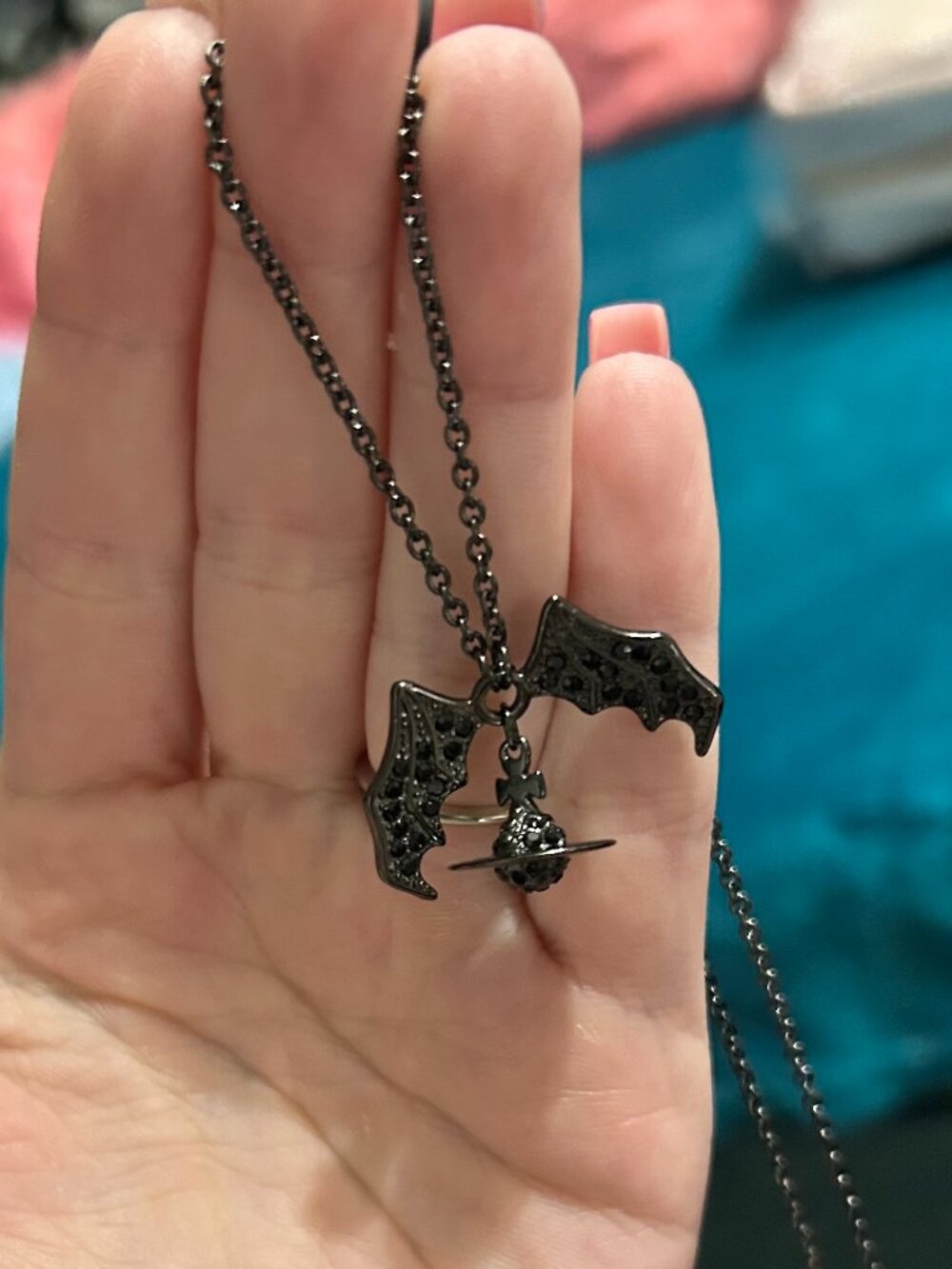 Vivienne Westwood Black Crystal Bat Orb Pendant Necklace Black Metal Rare